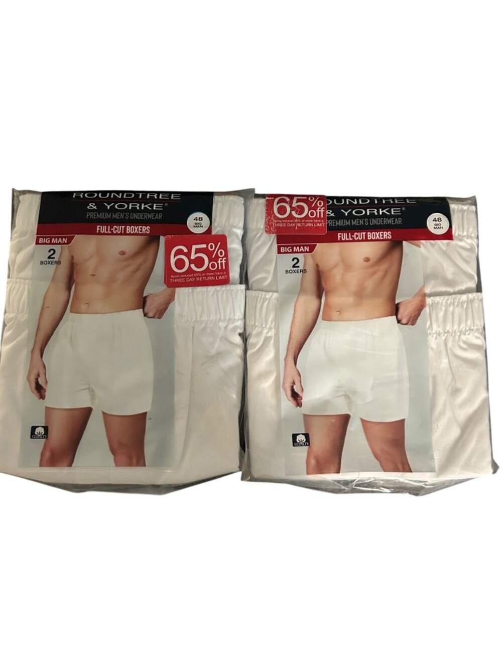 Roundtree & Yorke Men Full-Cut Boxers 2-Pack Big Man 48 100% Combed Cotton White